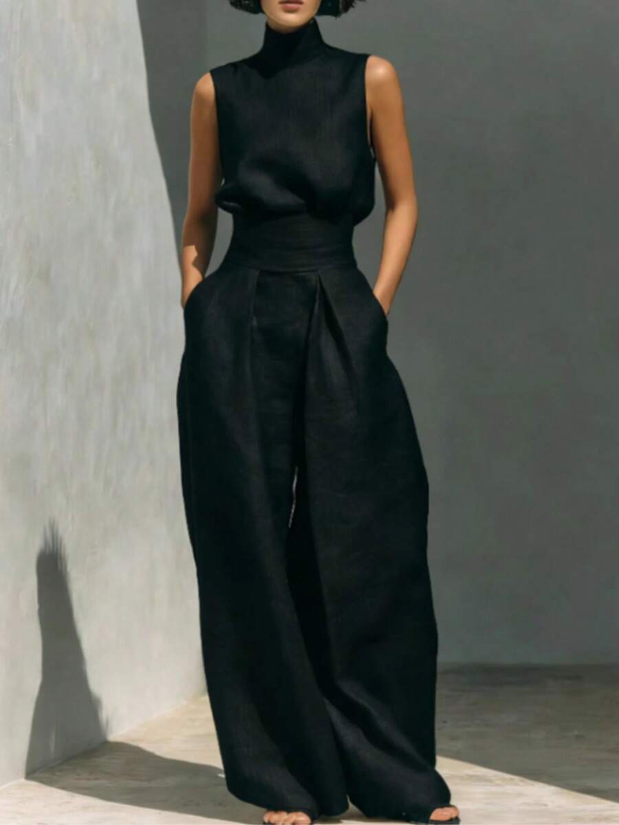 Linen Blend 2-Piece Outfit, Sleeveless High Neck Top & Wide Leg Pants With Waist Belt, Casual Summer Set - Black - View 1