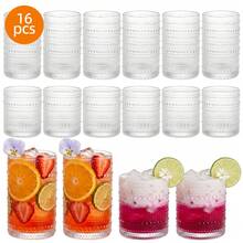 Tomnk 12/16pack Hobnail Drinking Glasses, 12 Oz Highball Glasses & 10 Oz Cocktail Glasses , Clear Embossed Boho Glass Cups Kitchen Bar Tumbler Glassware Set For Whiskey, Beer, Juice, Milk, Ideal Birthday Gift - 無色 - 查看 5