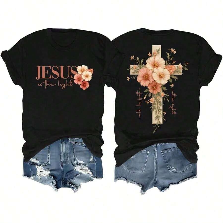 Faith Cross Christian Shirts For Women With Floral Cross Print, Graphic Women's Short-Sleeved T-Shirts, Wrinkle-Free Cotton T-Shirts For Women, Tops For Women. - Black - View 1