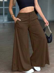 Pantalones anchos y sueltos de unicolor y casual para mujer, elegantes y minimalistas, de color negro para la primavera - Café integral - Ver 5
