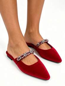 Sepatu Mule Wanita Mewah dengan Hiasan Rantai dan Tali Bertabur Berlian Imitasi, Nyaman untuk Pemakaian Sehari-hari dan Pesta - Merah - View 8
