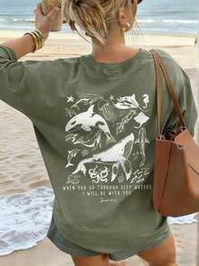 Women's Summer Short-Sleeved T-Shirt With A Casual Marine Animal Print Featuring Sharks, Dolphins, And Starfish. It Has A Round Neck, A Loose And Versatile Fit, And Is Beige In Color. Ideal For Everyday Wear And Vacations. Unisex. - 草綠色 - 查看 1