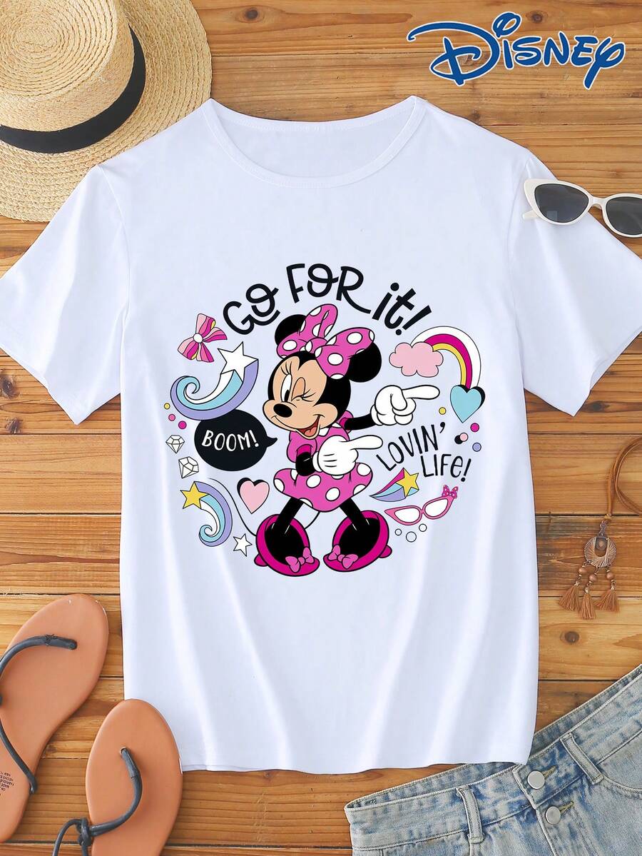 Disney 1件女士迪士尼米妮图案印花短袖T恤，圆领，弹力面料，易护理，适合日常穿着，时尚女士短袖T恤，休闲服饰 - 白色 - 查看 1