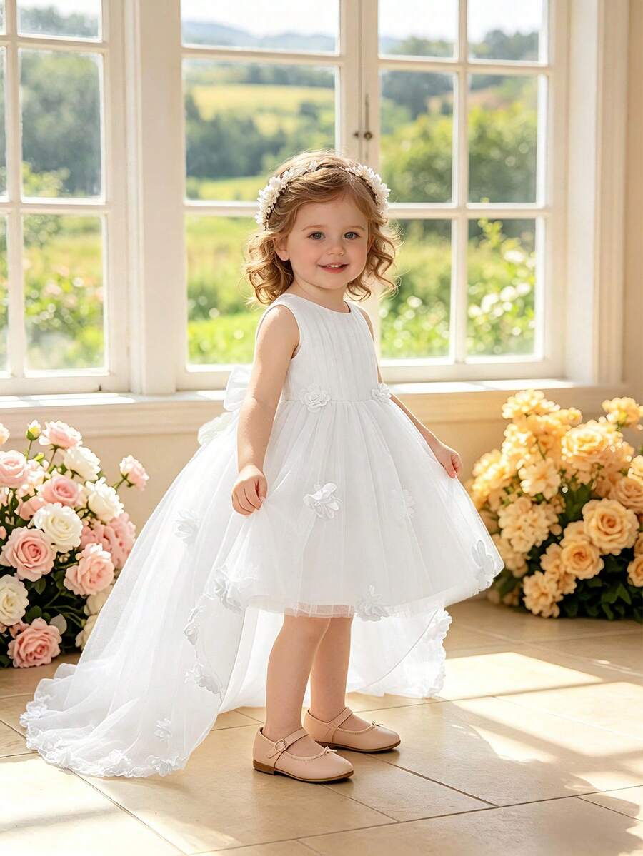 Baby Girls Round Neck 3D Flower Back Big Bow Tulle Cute Flower Girl Train Dress, Suitable For Birthday, Headband Not Included