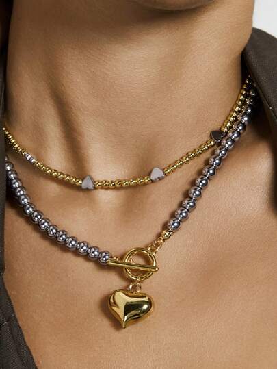 Kryxie 2pcs Fashionable Exaggerated Sphere Bead Necklace, Stainless Steel Heart Pendant Necklace For Women