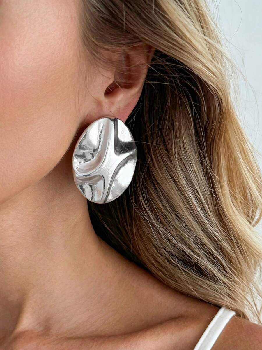 1 Pair Asymmetrical Hammered Gold Earrings, Vintage Textured Rugged Metal Statement Earrings, Retro Jewelry For Women - Silver - View 1