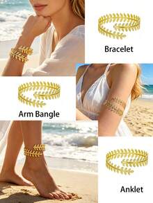 2pcs/Set Metal Simple Leaf Tassel Adjustable Arm Cuff Bracelet, Summer Resort Style - Gold - View 6