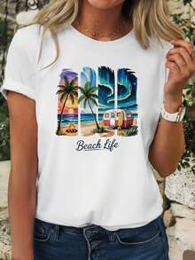 Palm Tree Coconut Print T-Shirt, Summer, Short Sleeve Round Neck T-Shirt, Casual Daily Tops, Ladies Clothing - 白色 - 查看 1