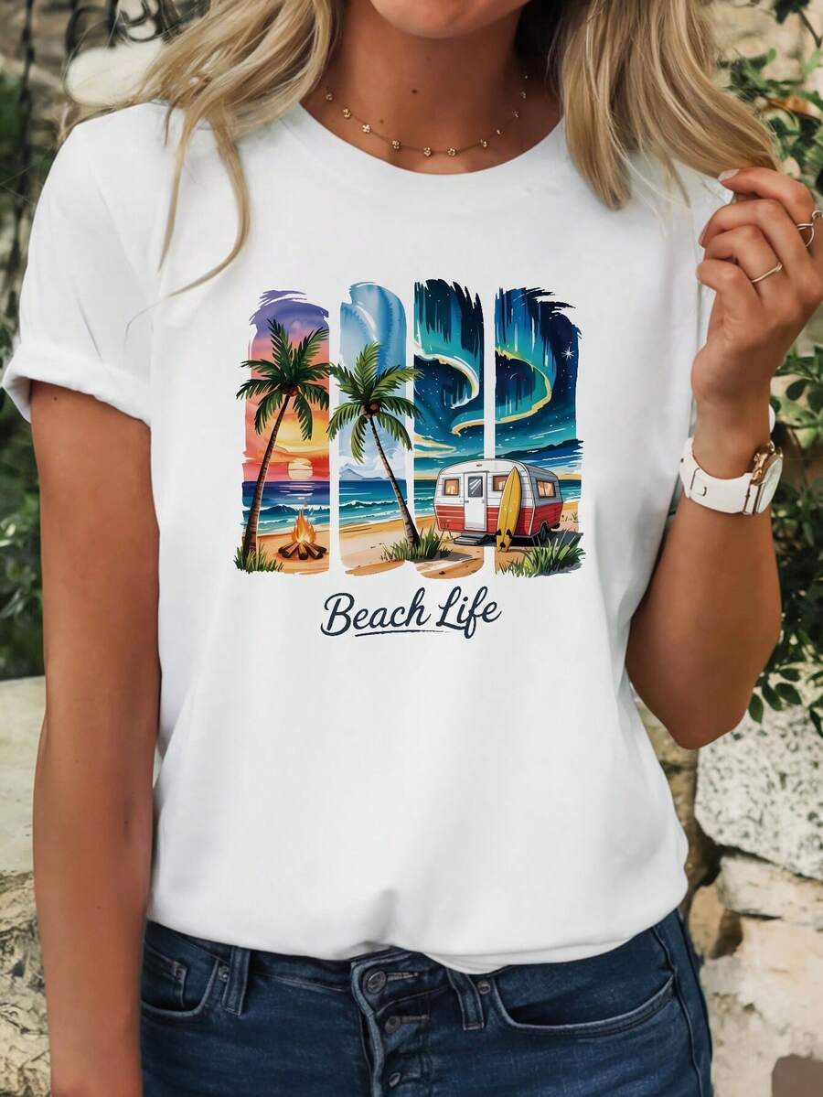 Palm Tree Coconut Print T-Shirt, Summer, Short Sleeve Round Neck T-Shirt, Casual Daily Tops, Ladies Clothing - 白色 - 查看 1