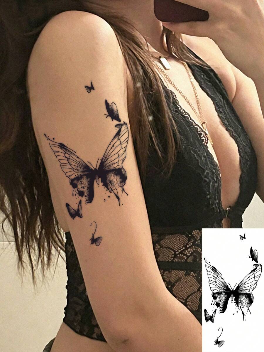 1pc Dark Ombre Ink Splash Butterfly Temporary Tattoo, Niche Elegant & Cute One-Time Use Tattoo Sticker - Black - View 1