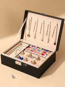 Joyero de doble capa con candado y gran capacidad, caja de almacenamiento de joyas de lujo de piel sintética (PU), organizador de escritorio, soporte de accesorios de joyería para collares, aretes, anillos, pulseras, regalo para ocasiones especiales - Multicolor - Ver 14