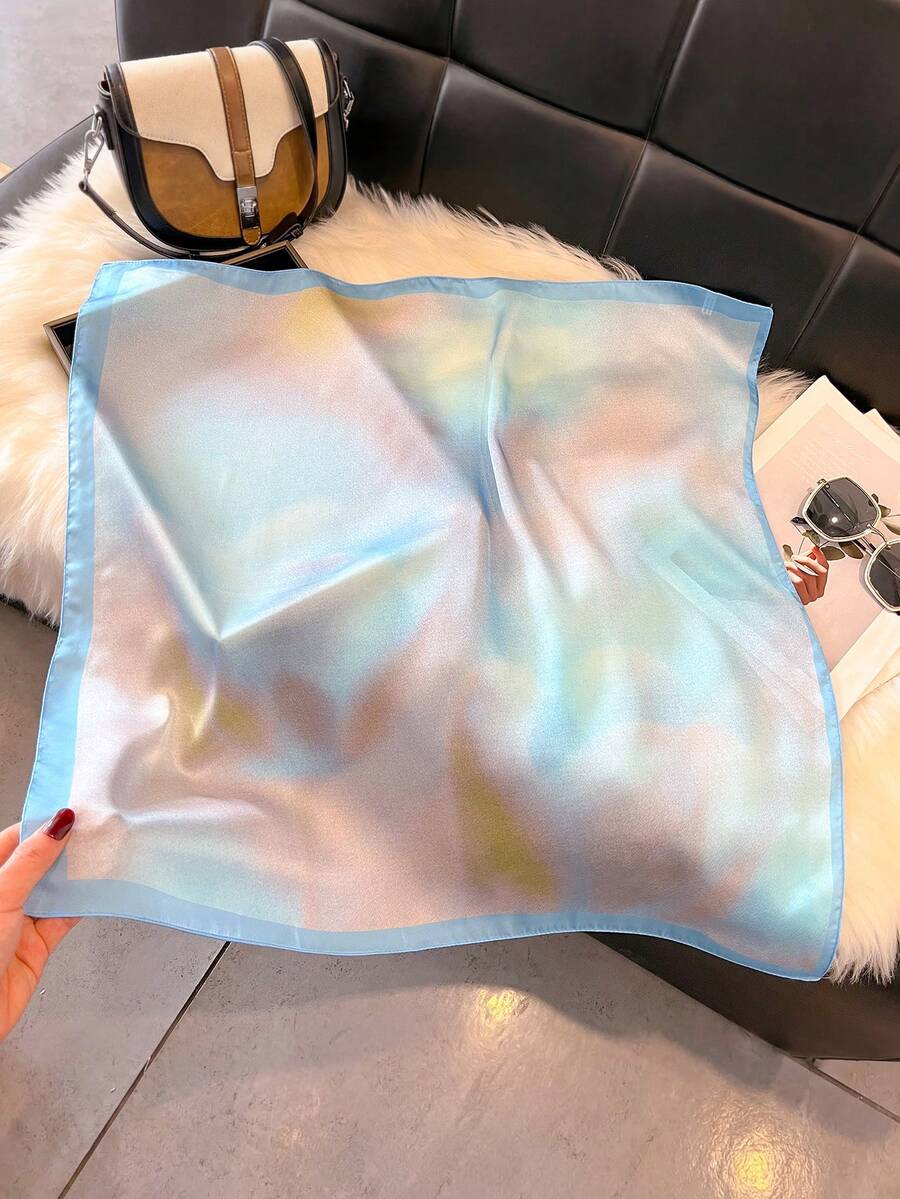 1pc Faux Silk Simple Design Solid Color Printed 27.6in Square Scarf, Women Fashion Versatile Headband, Waistband, Decoration Scarf, Suitable For Daily Wear,Travel Essential,Beach Towel - Baby Blue - View 1