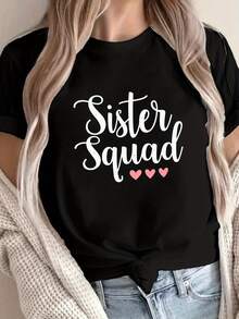 Camiseta gráfica de la hermana del escuadrón de las mujeres - manga corta cuello de la tripulación Top casual con acentos del corazón, mediano estiramiento y lavable en la máquina, comodidad de toda la temporada para el traje casual, camisetas de las señoras, camiseta de las hermanas de verano, ropa de las hermanas de moda, camiseta de tela suave, moda de primavera, material cómodo, amantes de la moda - Negro - Ver 2