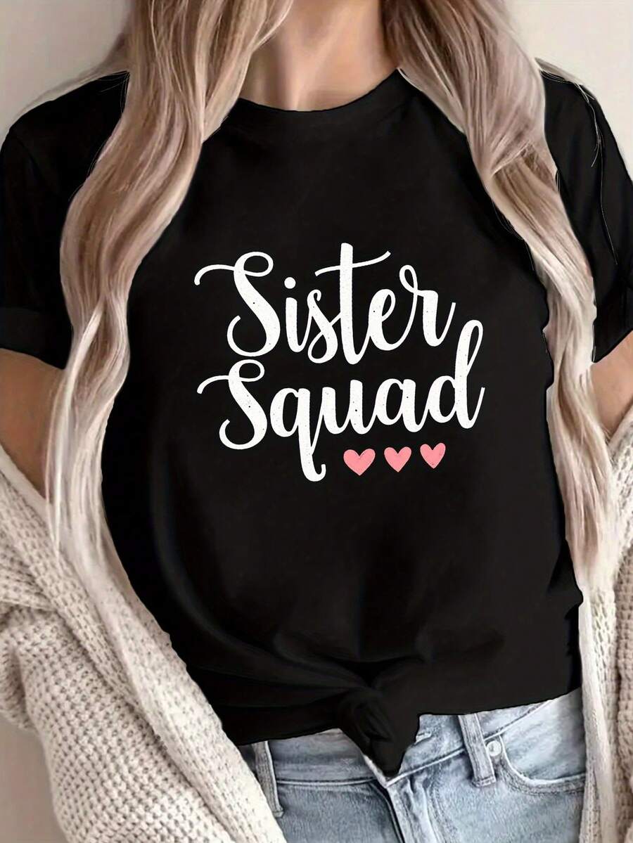 Camiseta gráfica de la hermana del escuadrón de las mujeres - manga corta cuello de la tripulación Top casual con acentos del corazón, mediano estiramiento y lavable en la máquina, comodidad de toda la temporada para el traje casual, camisetas de las señoras, camiseta de las hermanas de verano, ropa de las hermanas de moda, camiseta de tela suave, moda de primavera, material cómodo, amantes de la moda