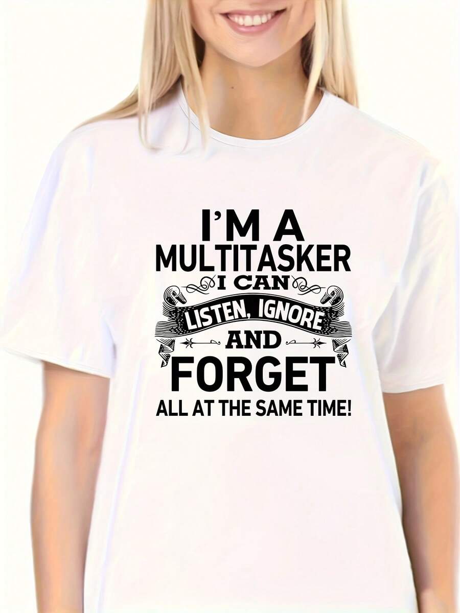 Women's Casual Crew Neck T-Shirt - "I'm A Multitasker" Fun Graphic Print, 100% Polyester Knit Fabric, Lightweight And Comfortable For Home, Outdoors, Work Or Party - 白色 - 查看 1