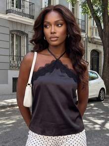 Camisetas sin mangas para mujer con cuello halter, ribete de encaje, chaleco de satén de verano para vacaciones diarias en la playa. - Negro - Ver 2