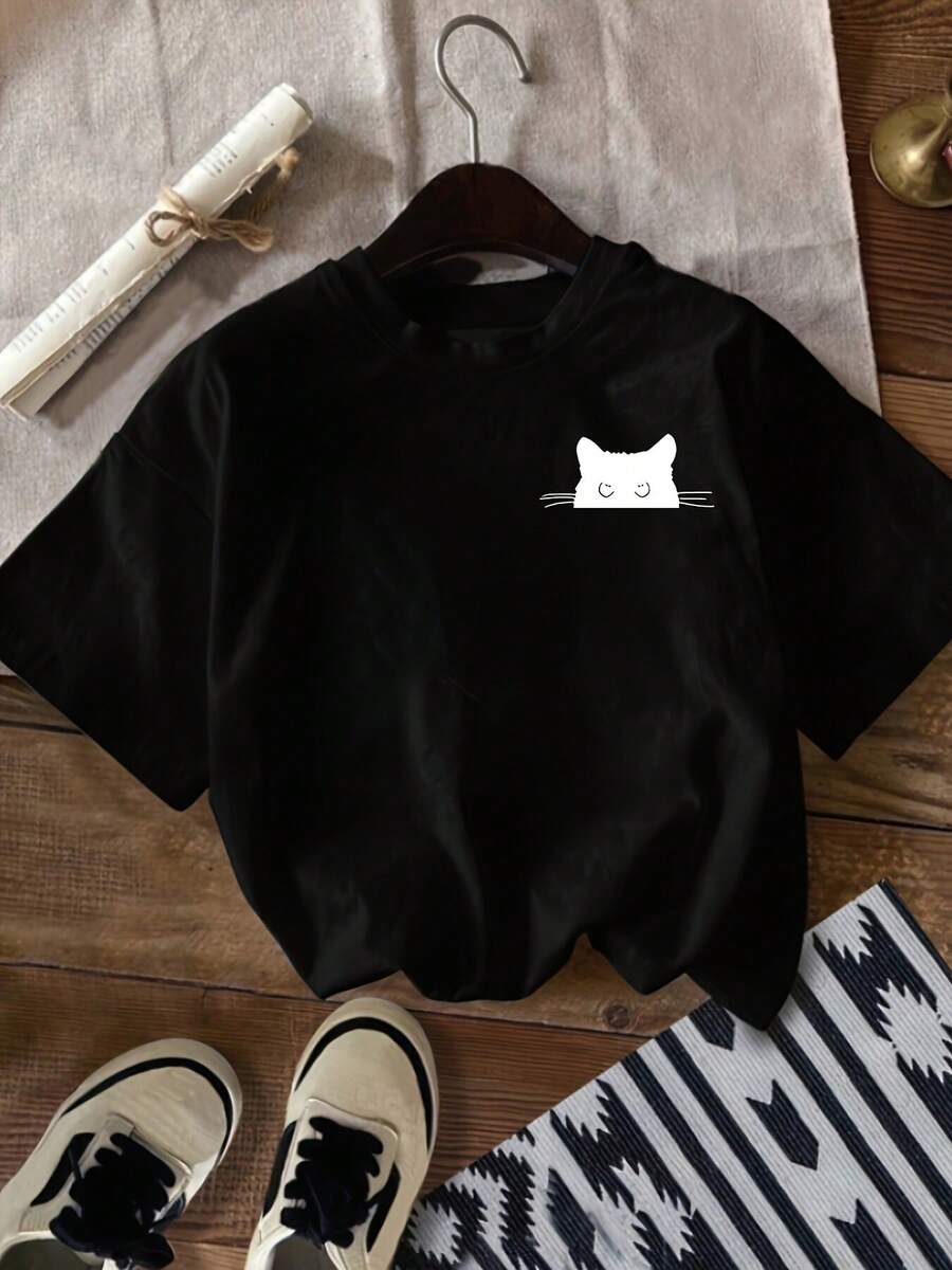 GiftGift [Cat Print T-Shirt] Casual Crew Neck T-Shirt With Cat Print | Women's Spring And Summer Clothing 100% Soft Cotton - 黑色 - 查看 1