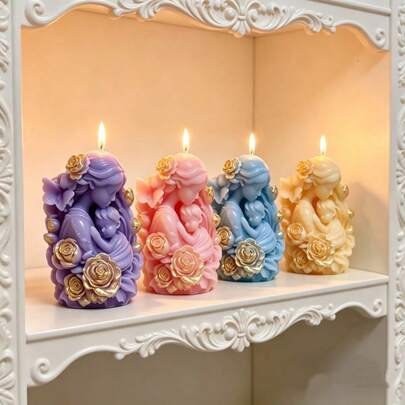 1pc Mother's Day Multicolor Rose Bouquet Mother & Child Embrace Painted Aromatherapy Candle, Natural Soy Wax Rose Embossed 3D Candle, Long-Lasting Fragrance Smokeless Bedroom Decor, Mother's Day Gift