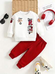 2pcs Baby Boy Letter Print Crew Neck Long Sleeve Warm Sweatshirt And Pants Set - White - View 2