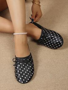 New Korean Style Polka Dot Bow Closed-Toe Soft Sole Comfortable Versatile Slip-On Women's Shoes - Black - View 4