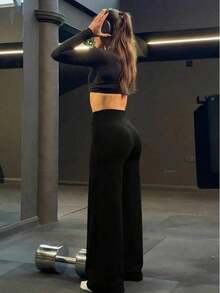 de pantalones anchos de yoga de unicolor y holgados para mujeres, cómodos y versátiles, adecuados para correr, fitness y deportes de yoga - Negro - Ver 6