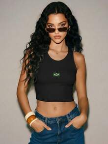 Women's Cropped Top, Yellow, Brazilian Flag, Minimalist, Brazil Core, Soccer, World Cup, Made Of Spandex. - 黑色 - 查看 3