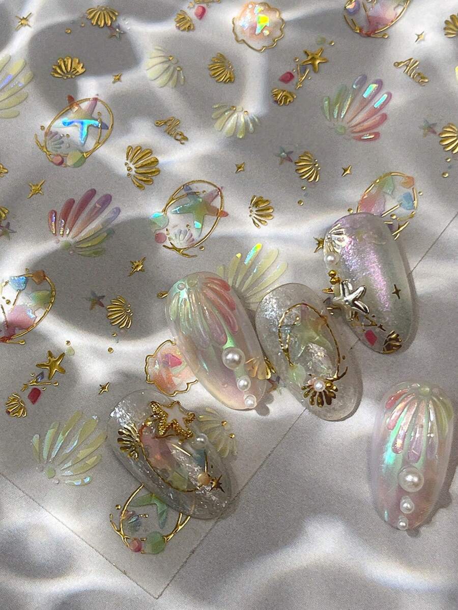 1 片日式梦幻海洋美甲贴纸，3D 立体浮雕金箔贝壳美甲贴花，DIY 美甲配件 - 彩色 - 查看 1