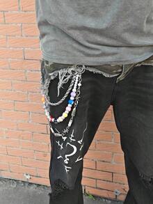 不锈钢三层涂层子弹多色台球珍珠裤链时尚男女腰间奢华配饰宝石玛瑙男士裤链配饰嘻哈裤链朋克裤链 - 彩色 - 查看 3