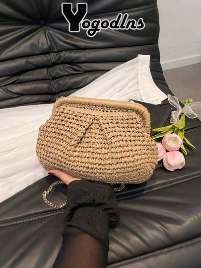 Yogodlns Summer Fashion Women Clip Clutch Bag Straw Weave Wallet Ladies Chain Shoulder Crossbody Bags Hot Pink Beach Bags Small Handbag Summer Designer Shoulder Crossbody Bag Straw Weaving Clutch Purse Women Dumpling Crossbody Beach Bag Fashon Cloud Pouch