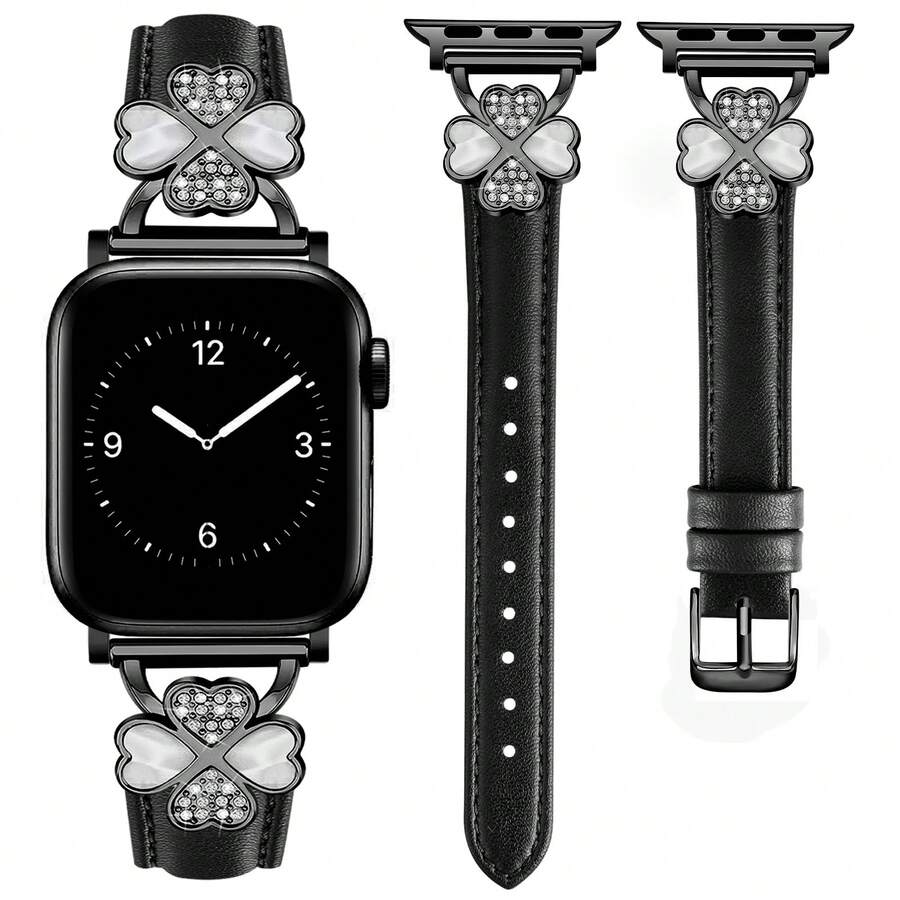 Correa de reloj de piel de microfibra ultra delgada y delicada para mujeres, se ajusta a series 10/9/8/7/6/5/4/3/2/1 SE Ultra de 38mm/40mm/41mm/42mm/44mm/45mm/46mm/49mm, resistente al sudor y cómoda, diseño minimalista y elegante con trébol de cuatro hojas y cristales, accesorio de repuesto para correa de reloj