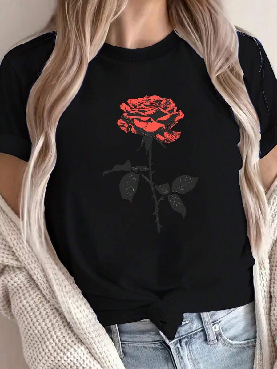 Camiseta pura de las mujeres Elegance Rose G500L - Top casual de cuello redondo de ajuste confortable con marca sutil, traje casual minimalista adecuado para las estaciones - tela transpirable suave
