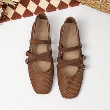 Summer Breathable Mesh Mary Jane Shoes For Women, Cross Strap Square Toe Flat Shoes, Soft Sole Comfortable Versatile Ballet Shoes - Brown - View 16