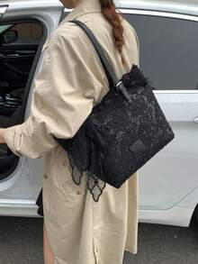 蕾丝仙女托特包 女士新款休闲通勤大容量手提包 单肩包 - 黑色 - 查看 5