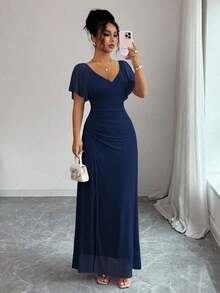 Vestido morado claro con cuello en V, mangas con volantes, cintura plisada y abertura, vestido elegante de dama de honor, vestido de fiesta, primavera/verano - Azul marino - Ver 7
