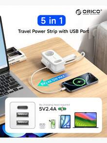 ORICO 欧洲便携式旅行电源插座，5 合 1，带 2 个交流电源插座、2 个 USB-A 端口和 1 个 USB-C 端口，45° 扁平插头延长线，无浪涌保护，适用于旅行/家庭/宿舍/办公室 - 查看 2