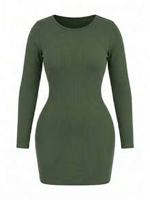 Plus Size Ribbed Midi Dress, Blogger Style, Sheath Dress, Long Sleeves, Elegant Fashion, High Quality, Autumn/Winter, Sizes 46 To 56 - 橄欖綠 - 查看 3