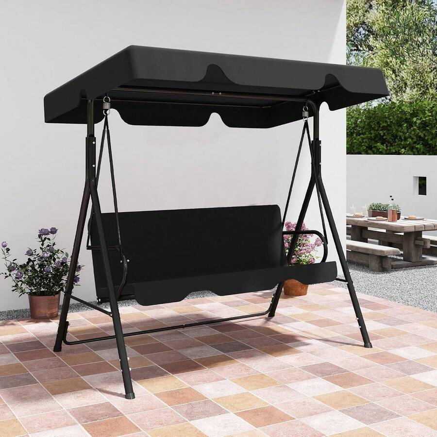Murago Outdoor Patio Swing Chair With Adjustable Canopy, Outdoor Patio Glider Swing With Heavy Duty Stand For 3 Adult Persons, Ideal For Deck, Lawn, Backyard, Or Porch, Black - A - 查看 1