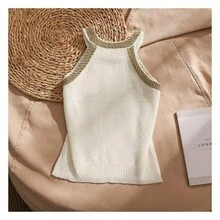 Chaleco tejido sin mangas para mujer, camisa ajustada con cuello Halter y cuentas, camisola Sexy de Seda brillante para verano 2026 - Naranja - Ver 3