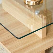 Two-Layer Tempered Glass & MDF Coffee Table, Natural Wood Finish. Modern Double-Layer Coffee Table With Sturdy Frame For Living Room Or Office. - Camel - View 5
