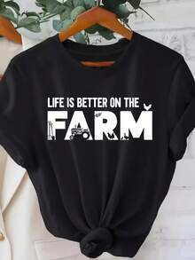 Camiseta con tema agrícola de las mujeres - La vida es mejor en la granja Letras y patrones rurales, camiseta de cuello redondo de manga corta para la primavera de verano vestimenta casual o visitas a la granja - Top cómodo lavable a máquina - Negro - Ver 2