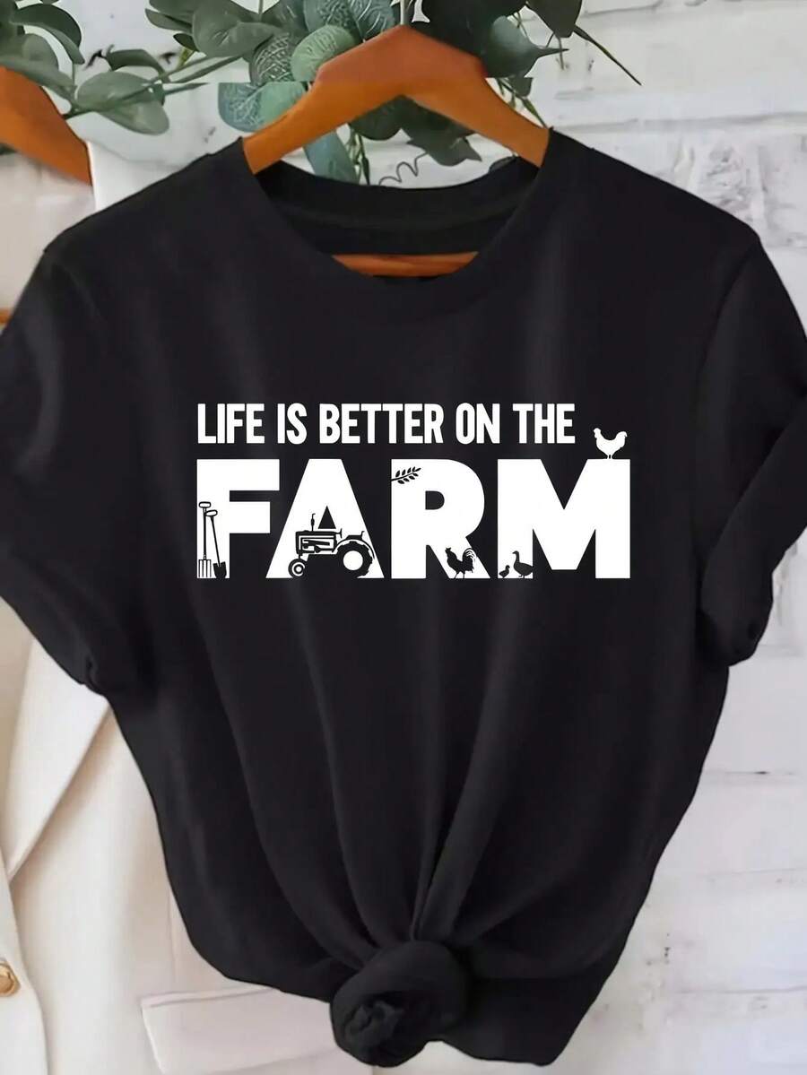 Camiseta con tema agrícola de las mujeres - La vida es mejor en la granja Letras y patrones rurales, camiseta de cuello redondo de manga corta para la primavera de verano vestimenta casual o visitas a la granja - Top cómodo lavable a máquina
