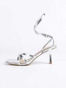 Giày cao gót thanh lịch dành cho nữ: Sandal quai ngang mũi vuông màu bạc, sandal gót nhọn hở mũi, sandal thường ngày dự tiệc mùa hè ngoài trời. - Bạc - Xem 6