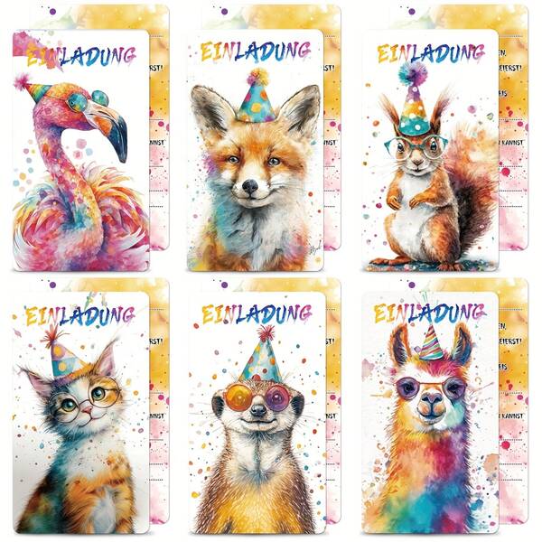 12pcs German Animal Party Birthday Invitation Card Set, 6 Watercolor Animal Pattern Invitations, Suitable For Animal Themed Party, Birthday And Various Birthday Celebration Events
