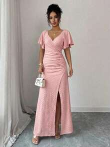 Vestido morado claro con cuello en V, mangas con volantes, cintura plisada y abertura, vestido elegante de dama de honor, vestido de fiesta, primavera/verano - Rosa - Ver 6