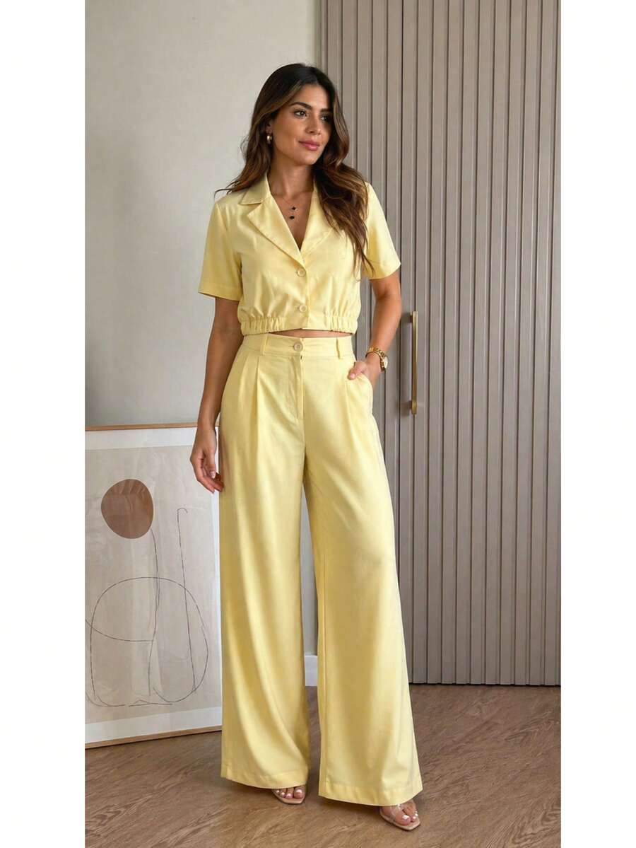 Women's Tailored Set, Plain Wide-Leg Blouse And Pants With Elastic Waistband, Fashionable, Casual, Elegant. - 黃色 - 查看 1