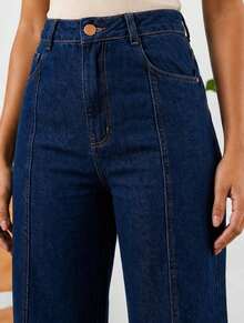 Women's Dark Blue Wash Jeans, High-Waisted, Straight Leg, Shaping Detail, Premium Comfort, Elegant, Versatile - 深色水洗藍 - 查看 3