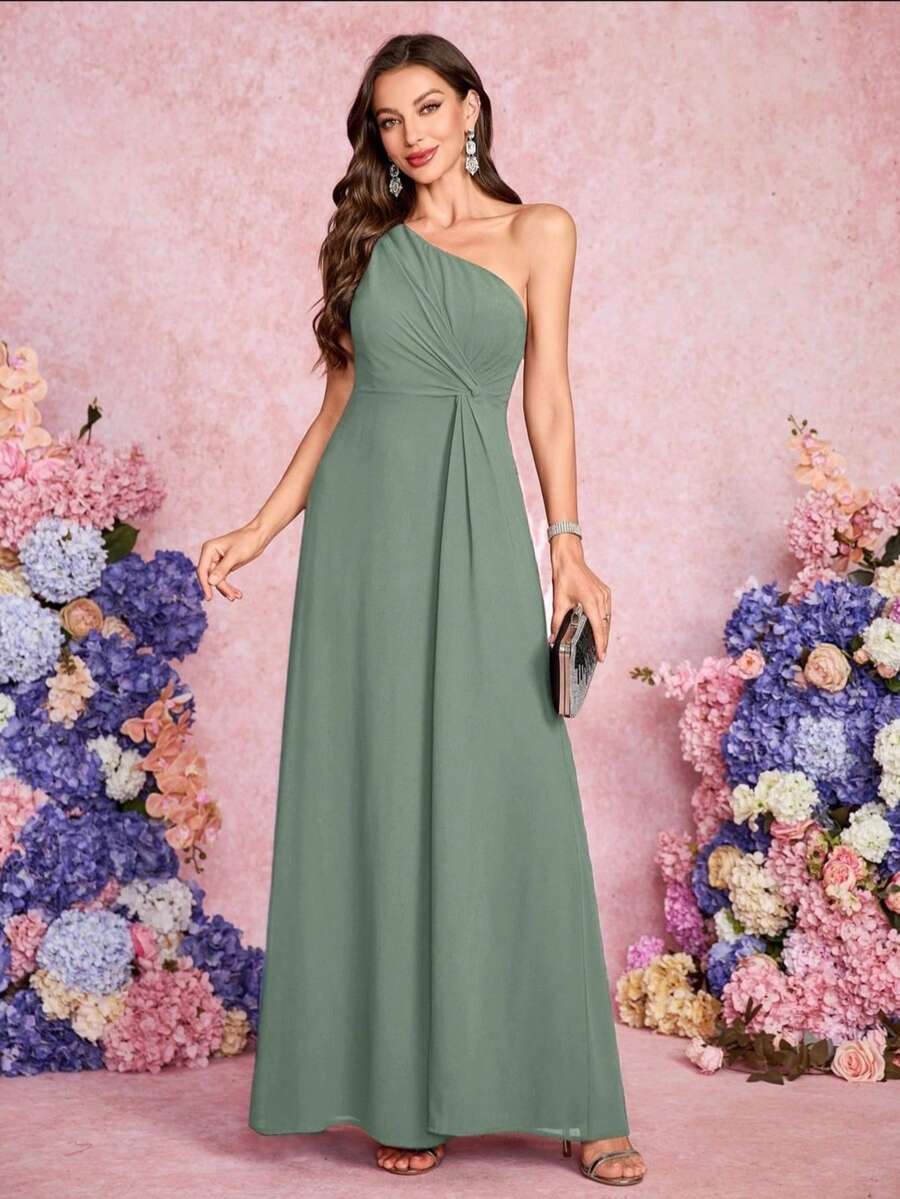 Eucalyptus Green Minimalist Sleeveless Bridesmaid Dress With Ruffle Details, Suitable For Vacation Wedding - Eucalyptus - View 1