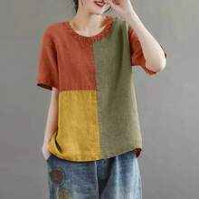 ZANZEA-Blusa de retazos para mujer, túnicas de manga corta, camisas de cuello redondo a la moda, Tops informales sueltos de lino y algodón para vacaciones 2024 - Caqui - Ver 3