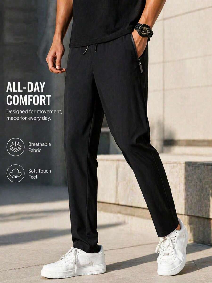 Men's Lightweight Breathable Athletic Pants, Casual Solid Color Drawstring Straight Leg Joggers With Zipper Pockets, Suitable For Summer Hiking, Travel, Fishing, Sports And Everyday Activities Black Spring - Black - View 1