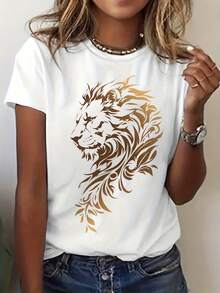 Camiseta con impresión gráfica estética de león, cuello de tripulación de manga corta Top casual para verano y primavera, ropa de mujer - Blanco - Ver 2